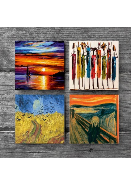 Van Gogh Buğday Tarlası ve Kargalar, Çığlık, Yerli Kadınlar, Deniz Manzarası Taş Bardak Altlığı – 4’lü Set, 10x10 cm Dekoratif Masaüstü Koruyucu Doğaltaş Altlık |SC439| modelleri