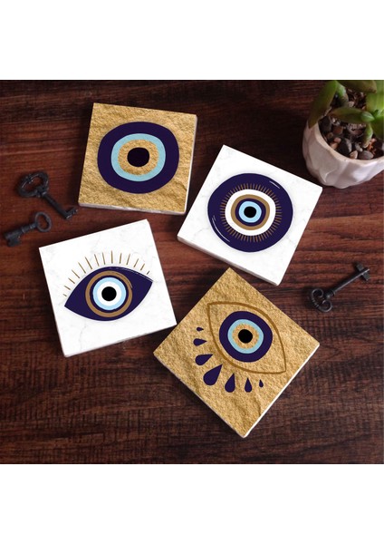 Nazar Taş Bardak Altlığı – 4’lü Set, 10x10 cm Dekoratif Masaüstü Koruyucu Doğaltaş Altlık |SC249|