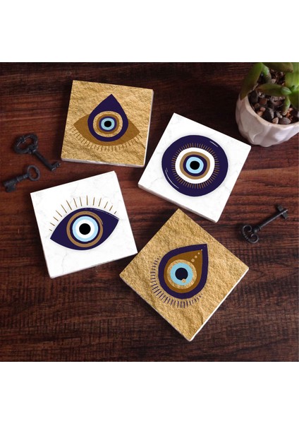 Stone Nazar Taş Bardak Altlığı – 4’lü Set, 10x10 cm Dekoratif Masaüstü Koruyucu Doğaltaş Altlık |SC250|