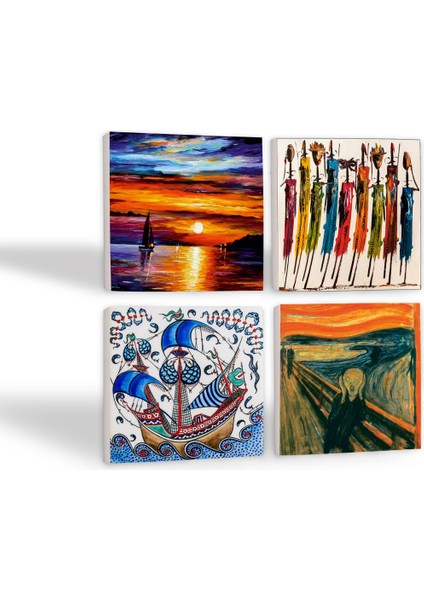 Çini Sanatı Yelkenli Gemi, Çığlık, Yerli Kadınlar, Deniz Manzarası Taş Bardak Altlığı – 4’lü Set, 10x10 cm Dekoratif Masaüstü Koruyucu Doğaltaş Altlık |SC443| fiyatları