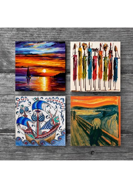 Çini Sanatı Yelkenli Gemi, Çığlık, Yerli Kadınlar, Deniz Manzarası Taş Bardak Altlığı – 4’lü Set, 10x10 cm Dekoratif Masaüstü Koruyucu Doğaltaş Altlık |SC443| modelleri