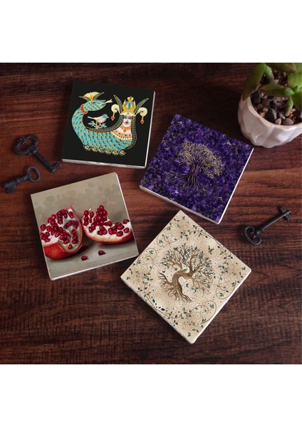 Stone Şahmeran, Hayat Ağacı, Nar Taş Bardak Altlığı – 4’lü Set, 10x10 cm Dekoratif Masaüstü Koruyucu Doğaltaş Altlık |SC254|