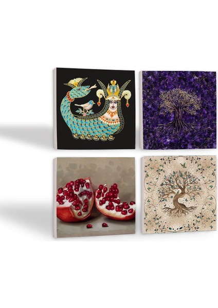 Stone Şahmeran, Hayat Ağacı, Nar Taş Bardak Altlığı – 4’lü Set, 10x10 cm Dekoratif Masaüstü Koruyucu Doğaltaş Altlık |SC254| fiyatları