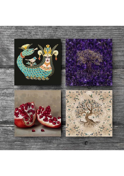 Stone Şahmeran, Hayat Ağacı, Nar Taş Bardak Altlığı – 4’lü Set, 10x10 cm Dekoratif Masaüstü Koruyucu Doğaltaş Altlık |SC254| modelleri