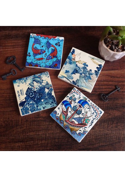 Japon Sanatı, Fuji Dağı, Çini Sanatı Balık, Yelkenli Gemi Taş Bardak Altlığı – 4’lü Set, 10x10 cm Dekoratif Masaüstü Koruyucu Doğaltaş Altlık |SC446|