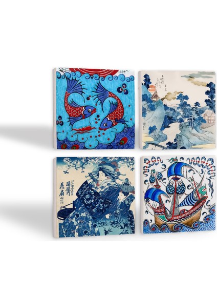 Japon Sanatı, Fuji Dağı, Çini Sanatı Balık, Yelkenli Gemi Taş Bardak Altlığı – 4’lü Set, 10x10 cm Dekoratif Masaüstü Koruyucu Doğaltaş Altlık |SC446| fiyatları
