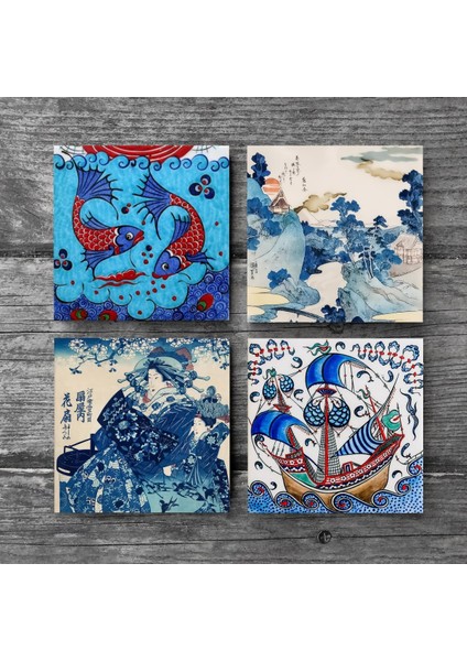 Japon Sanatı, Fuji Dağı, Çini Sanatı Balık, Yelkenli Gemi Taş Bardak Altlığı – 4’lü Set, 10x10 cm Dekoratif Masaüstü Koruyucu Doğaltaş Altlık |SC446| modelleri