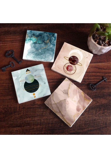 Minimalist, Soyut Sanat Taş Bardak Altlığı – 4’lü Set, 10x10 cm Dekoratif Masaüstü Koruyucu Doğaltaş Altlık |SC447|