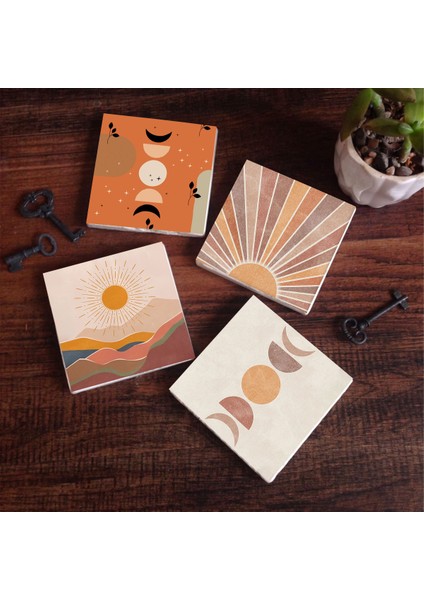 Stone Bohem, Minimalist Soyut Taş Bardak Altlığı – 4’lü Set, 10x10 cm Dekoratif Masaüstü Koruyucu Doğaltaş Altlık |SC259|