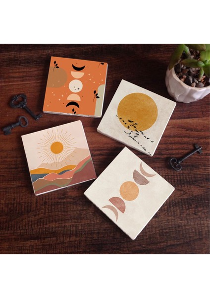 Stone Minimalist, Bohem, Soyut Taş Bardak Altlığı – 4’lü Set, 10x10 cm Dekoratif Masaüstü Koruyucu Doğaltaş Altlık |SC260|