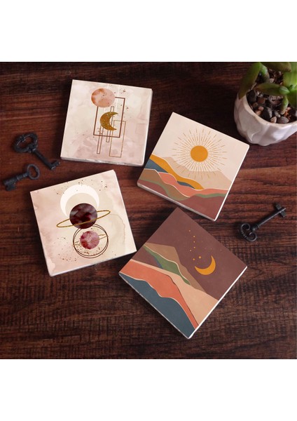 Minimalist Soyut, Bohem Taş Bardak Altlığı – 4’lü Set, 10x10 cm Dekoratif Masaüstü Koruyucu Doğaltaş Altlık |SC263|