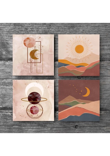 Minimalist Soyut, Bohem Taş Bardak Altlığı – 4’lü Set, 10x10 cm Dekoratif Masaüstü Koruyucu Doğaltaş Altlık |SC263| modelleri