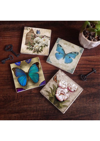 Kelebek Taş Bardak Altlığı Masaüstü Koruyucu Altlık 4 Parça Set 10x10cm Stone Coasters SC453