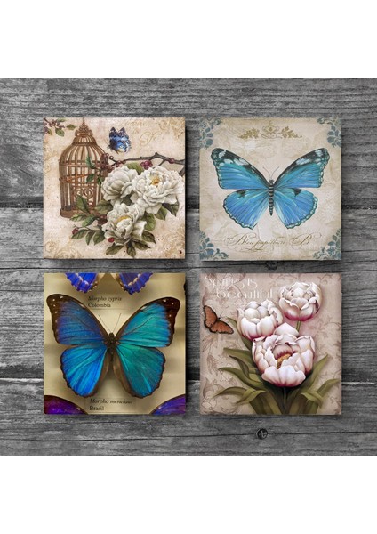 Kelebek Taş Bardak Altlığı Masaüstü Koruyucu Altlık 4 Parça Set 10x10cm Stone Coasters SC453 modelleri