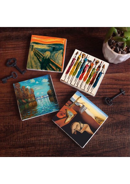 Salvador Dalí Belleğin Azmi, Claude Monet Sonbahar, Çığlık, Yerli Kadınlar Taş Bardak Altlığı – 4’lü Set, 10x10 cm Dekoratif Masaüstü Koruyucu Doğaltaş Altlık |SC266|