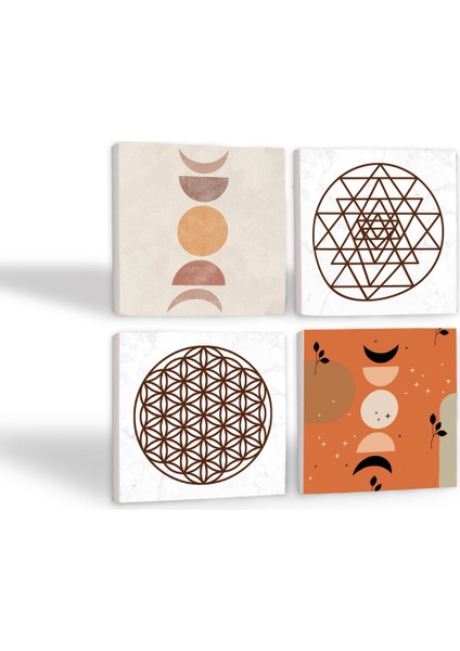 Stone Bohem, Minimalist Soyut, Yaşam Çiçeği, Sri Yantra Taş Bardak Altlığı – 4’lü Set, 10x10 cm Dekoratif Masaüstü Koruyucu Doğaltaş Altlık |SC456| fiyatları