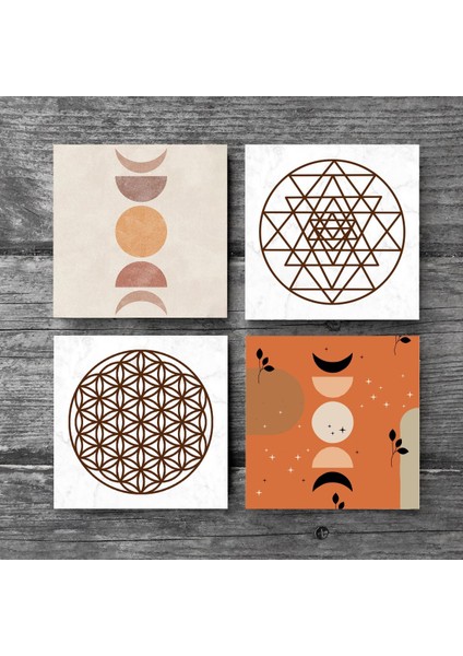 Stone Bohem, Minimalist Soyut, Yaşam Çiçeği, Sri Yantra Taş Bardak Altlığı – 4’lü Set, 10x10 cm Dekoratif Masaüstü Koruyucu Doğaltaş Altlık |SC456| modelleri