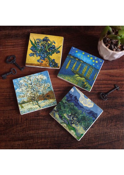 Van Gogh Zeytin Ağaçları, Şeftali Ağacı, Ren Nehri’nde Yıldızlı Gece, Süsenler Taş Bardak Altlığı Masaüstü Koruyucu Altlık 4 Parça Set 10x10cm Stone Coasters SC268