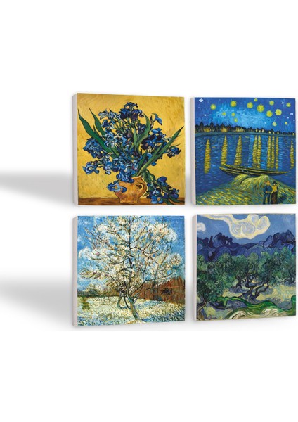 Van Gogh Zeytin Ağaçları, Şeftali Ağacı, Ren Nehri’nde Yıldızlı Gece, Süsenler Taş Bardak Altlığı Masaüstü Koruyucu Altlık 4 Parça Set 10x10cm Stone Coasters SC268