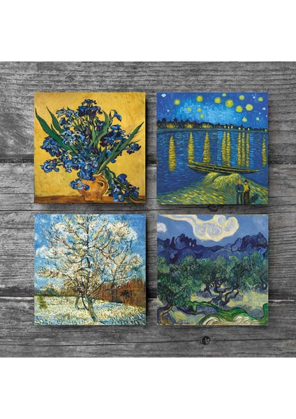 Van Gogh Zeytin Ağaçları, Şeftali Ağacı, Ren Nehri’nde Yıldızlı Gece, Süsenler Taş Bardak Altlığı Masaüstü Koruyucu Altlık 4 Parça Set 10x10cm Stone Coasters SC268