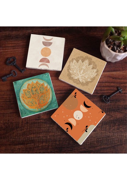 Stone Bohem, Minimalist Soyut, Lotus Çiçeği Taş Bardak Altlığı – 4’lü Set, 10x10 cm Dekoratif Masaüstü Koruyucu Doğaltaş Altlık |SC458|