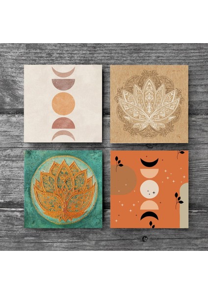 Stone Bohem, Minimalist Soyut, Lotus Çiçeği Taş Bardak Altlığı – 4’lü Set, 10x10 cm Dekoratif Masaüstü Koruyucu Doğaltaş Altlık |SC458| modelleri