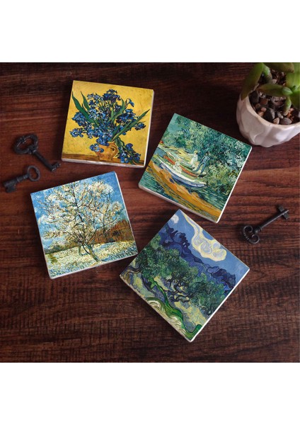Van Gogh Zeytin Ağaçları, Şeftali Ağacı, Süsenler, Oise Bankası Taş Bardak Altlığı Masaüstü Koruyucu Altlık 4 Parça Set 10x10cm Stone Coasters SC269
