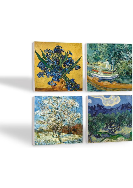 Van Gogh Zeytin Ağaçları, Şeftali Ağacı, Süsenler, Oise Bankası Taş Bardak Altlığı Masaüstü Koruyucu Altlık 4 Parça Set 10x10cm Stone Coasters SC269