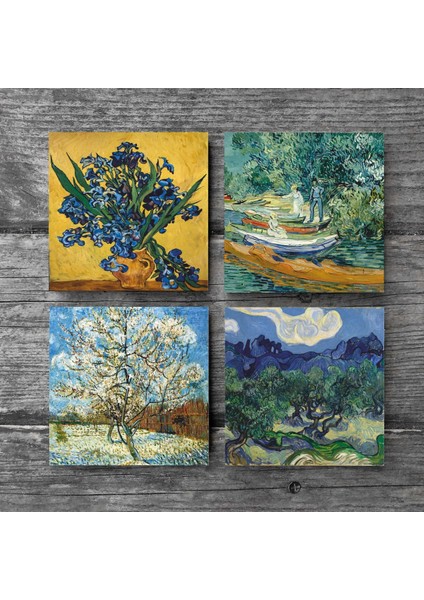 Van Gogh Zeytin Ağaçları, Şeftali Ağacı, Süsenler, Oise Bankası Taş Bardak Altlığı Masaüstü Koruyucu Altlık 4 Parça Set 10x10cm Stone Coasters SC269