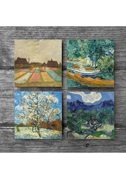Van Gogh Zeytin Ağaçları, Şeftali Ağacı, Lale Tarlaları, Oise Bankası Taş Bardak Altlığı – 4’lü Set, 10x10 cm Dekoratif Masaüstü Koruyucu Doğaltaş Altlık |SC270| modelleri
