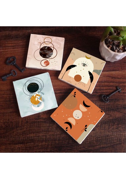Minimalist Soyut, Bohem Taş Bardak Altlığı Masaüstü Koruyucu Altlık 4 Parça Set 10x10cm Stone Coasters SC272