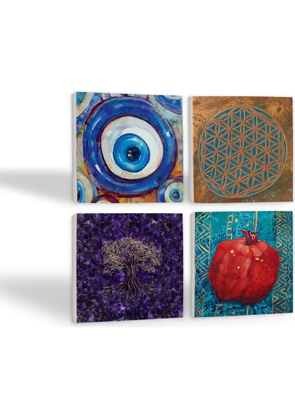 Nazar, Yaşam Çiçeği, Hayat Ağacı, Nar Taş Bardak Altlığı Masaüstü Koruyucu Altlık 4 Parça Set 10x10cm Stone Coasters SC464 fiyatları