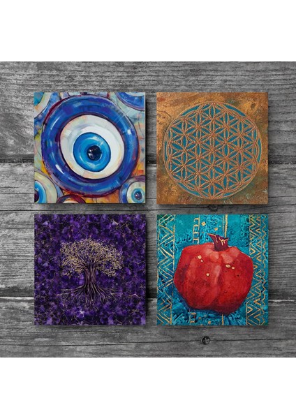Nazar, Yaşam Çiçeği, Hayat Ağacı, Nar Taş Bardak Altlığı Masaüstü Koruyucu Altlık 4 Parça Set 10x10cm Stone Coasters SC464 modelleri