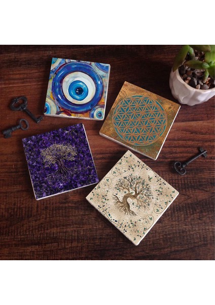 Nazar, Yaşam Çiçeği, Hayat Ağacı Taş Bardak Altlığı Masaüstü Koruyucu Altlık 4 Parça Set 10x10cm Stone Coasters SC466