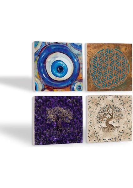 Nazar, Yaşam Çiçeği, Hayat Ağacı Taş Bardak Altlığı Masaüstü Koruyucu Altlık 4 Parça Set 10x10cm Stone Coasters SC466 fiyatları