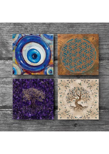 Nazar, Yaşam Çiçeği, Hayat Ağacı Taş Bardak Altlığı Masaüstü Koruyucu Altlık 4 Parça Set 10x10cm Stone Coasters SC466 modelleri