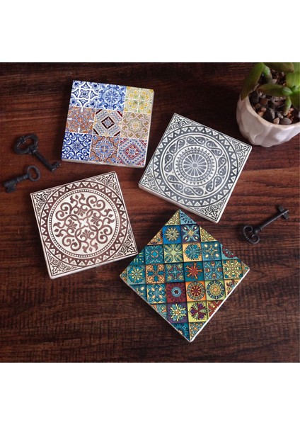 Stone Etnik Desen Taş Bardak Altlığı – 4’lü Set, 10x10 cm Dekoratif Masaüstü Koruyucu Doğaltaş Altlık |SC276|