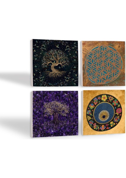 Yaşam Çiçeği, Hayat Ağacı, Nazar Boncuğu Taş Bardak Altlığı – 4’lü Set, 10x10 cm Dekoratif Masaüstü Koruyucu Doğaltaş Altlık |SC468| fiyatları