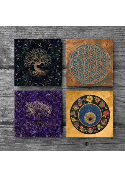 Yaşam Çiçeği, Hayat Ağacı, Nazar Boncuğu Taş Bardak Altlığı – 4’lü Set, 10x10 cm Dekoratif Masaüstü Koruyucu Doğaltaş Altlık |SC468| modelleri