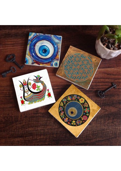 Nazar, Yaşam Çiçeği, Şahmeran Taş Bardak Altlığı Masaüstü Koruyucu Altlık 4 Parça Set 10x10cm Stone Coasters SC469