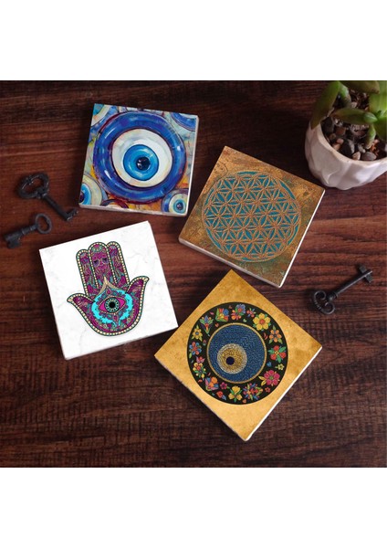 Nazar, Yaşam Çiçeği, Fatma Ana Eli (Hamsa) Taş Bardak Altlığı – 4’lü Set, 10x10 cm Dekoratif Masaüstü Koruyucu Doğaltaş Altlık |SC470|