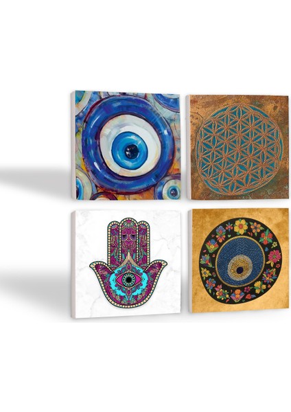 Nazar, Yaşam Çiçeği, Fatma Ana Eli (Hamsa) Taş Bardak Altlığı – 4’lü Set, 10x10 cm Dekoratif Masaüstü Koruyucu Doğaltaş Altlık |SC470| fiyatları