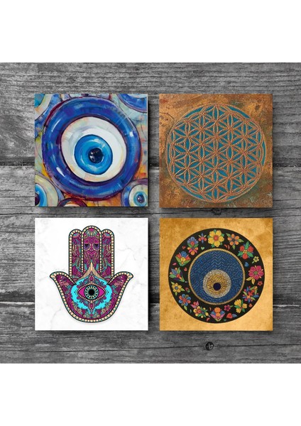 Nazar, Yaşam Çiçeği, Fatma Ana Eli (Hamsa) Taş Bardak Altlığı – 4’lü Set, 10x10 cm Dekoratif Masaüstü Koruyucu Doğaltaş Altlık |SC470| modelleri