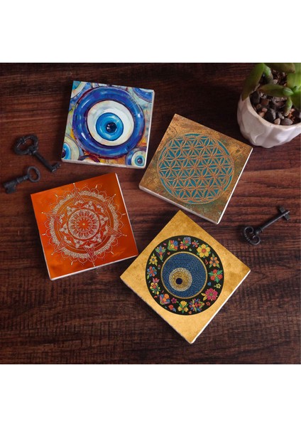 Stone Nazar, Yaşam Çiçeği, Mandala Taş Bardak Altlığı – 4’lü Set, 10x10 cm Dekoratif Masaüstü Koruyucu Doğaltaş Altlık |SC471|