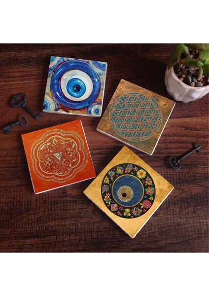 Nazar, Yaşam Çiçeği, Sri Yantra Taş Bardak Altlığı Masaüstü Koruyucu Altlık 4 Parça Set 10x10cm Stone Coasters SC472
