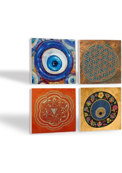 Nazar, Yaşam Çiçeği, Sri Yantra Taş Bardak Altlığı Masaüstü Koruyucu Altlık 4 Parça Set 10x10cm Stone Coasters SC472 fiyatları