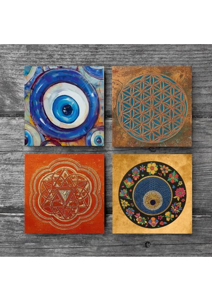 Nazar, Yaşam Çiçeği, Sri Yantra Taş Bardak Altlığı Masaüstü Koruyucu Altlık 4 Parça Set 10x10cm Stone Coasters SC472 modelleri