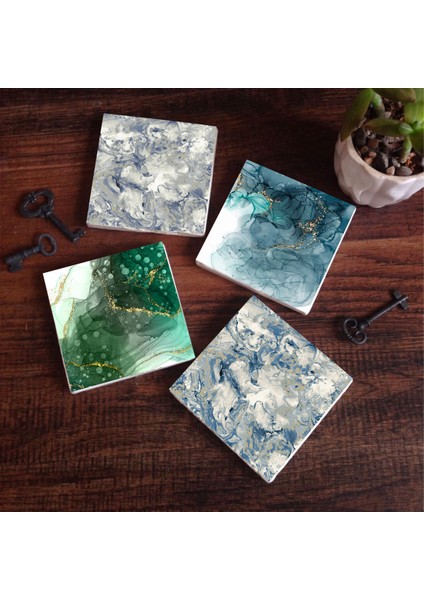 Stone Soyut Sanat, Desen Taş Bardak Altlığı – 4’lü Set, 10x10 cm Dekoratif Masaüstü Koruyucu Doğaltaş Altlık |SC281|