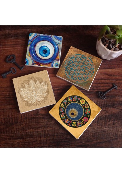 Stone Nazar, Yaşam Çiçeği, Lotus Çiçeği Taş Bardak Altlığı – 4’lü Set, 10x10 cm Dekoratif Masaüstü Koruyucu Doğaltaş Altlık |SC473|