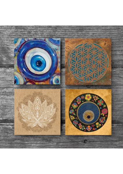 Stone Nazar, Yaşam Çiçeği, Lotus Çiçeği Taş Bardak Altlığı – 4’lü Set, 10x10 cm Dekoratif Masaüstü Koruyucu Doğaltaş Altlık |SC473| modelleri